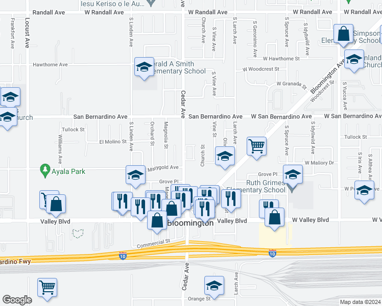 map of restaurants, bars, coffee shops, grocery stores, and more near 9847 Cedar Avenue in Bloomington