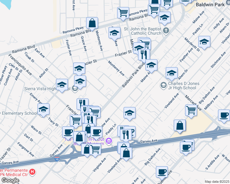 map of restaurants, bars, coffee shops, grocery stores, and more near 13655 Foster Avenue in Baldwin Park