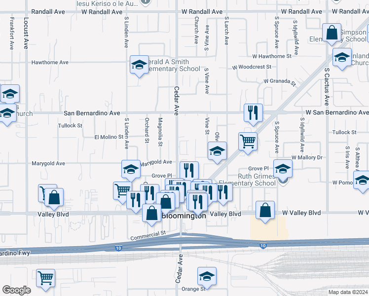 map of restaurants, bars, coffee shops, grocery stores, and more near South Cedar Avenue in Bloomington