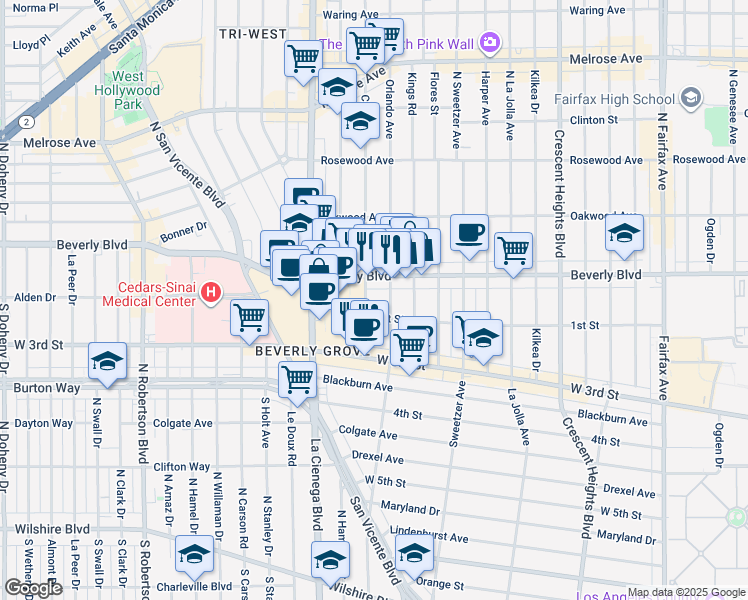 map of restaurants, bars, coffee shops, grocery stores, and more near in Los Angeles