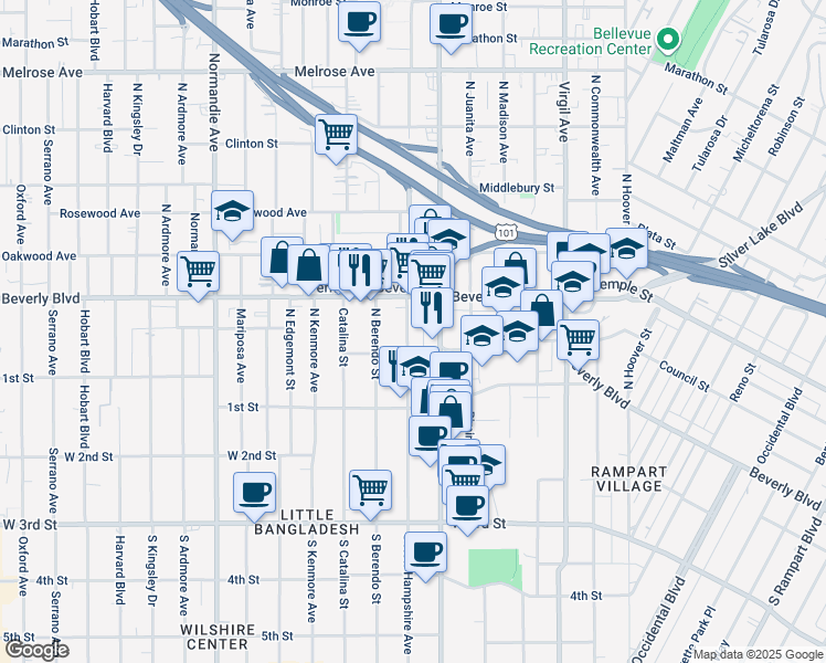 map of restaurants, bars, coffee shops, grocery stores, and more near 222 North New Hampshire Avenue in Los Angeles
