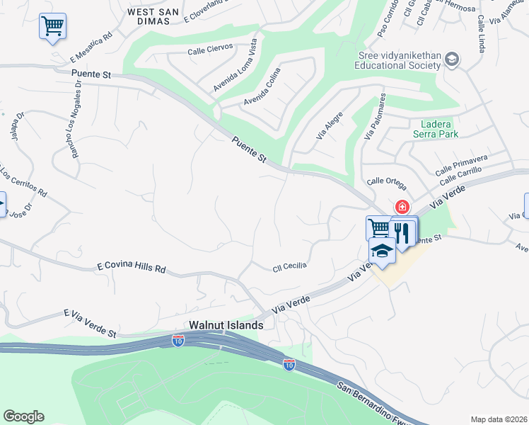 map of restaurants, bars, coffee shops, grocery stores, and more near 2002 Calle Francesca in San Dimas
