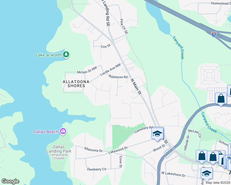 map of restaurants, bars, coffee shops, grocery stores, and more near 4867 Robinson Square Drive in Acworth