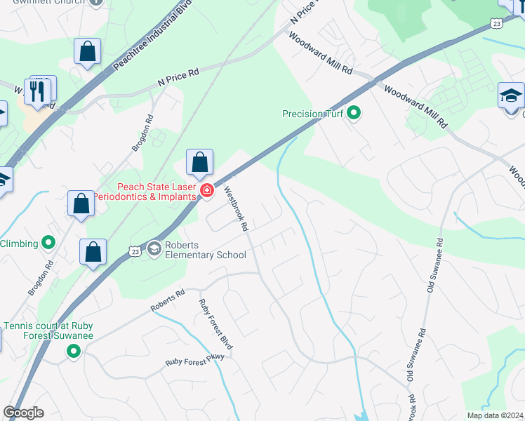 map of restaurants, bars, coffee shops, grocery stores, and more near 4270 Bridgeton Court in Suwanee