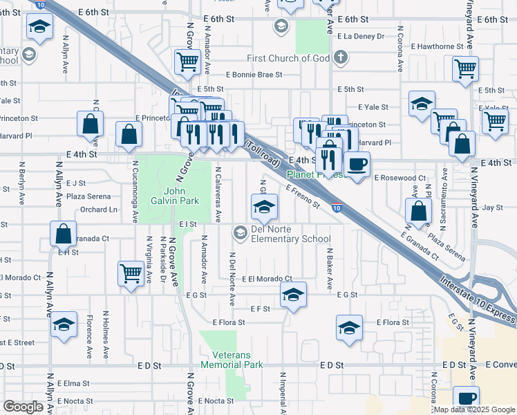 map of restaurants, bars, coffee shops, grocery stores, and more near 927 North Glenn Avenue in Ontario