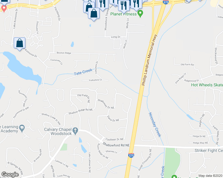 map of restaurants, bars, coffee shops, grocery stores, and more near 5091 Shalloway Court in Kennesaw