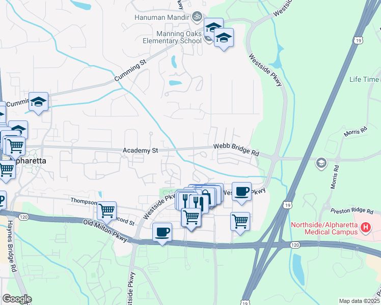 map of restaurants, bars, coffee shops, grocery stores, and more near 5000 Webb Bridge Court in Alpharetta
