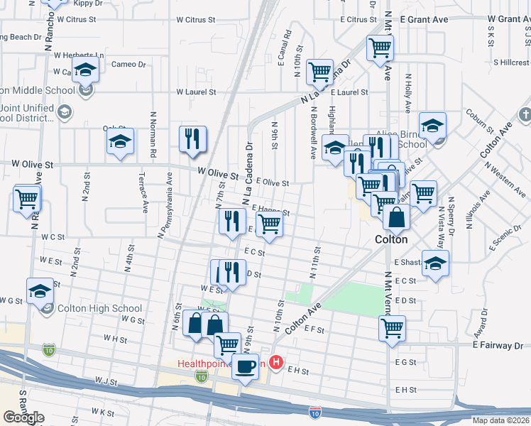 map of restaurants, bars, coffee shops, grocery stores, and more near 191 East Hanna Street in Colton