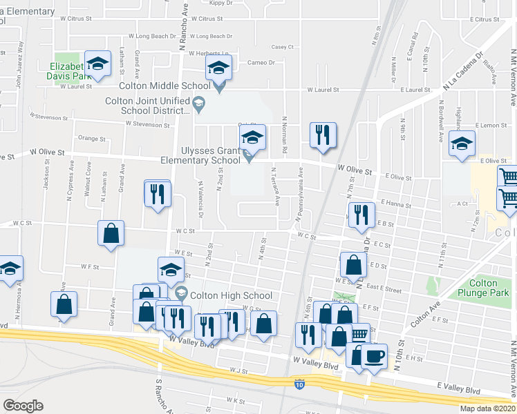 map of restaurants, bars, coffee shops, grocery stores, and more near 521 West Martin Avenue in Colton