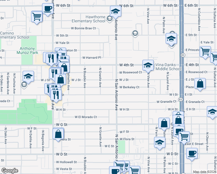 map of restaurants, bars, coffee shops, grocery stores, and more near 722 West Berkeley Court in Ontario