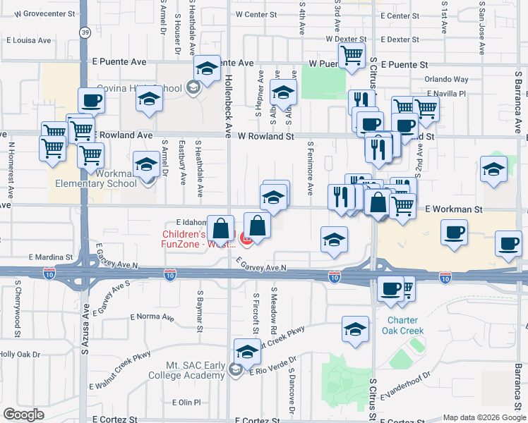 map of restaurants, bars, coffee shops, grocery stores, and more near 414 West Workman Avenue in West Covina
