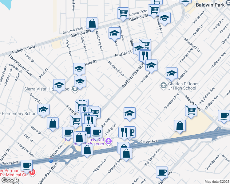 map of restaurants, bars, coffee shops, grocery stores, and more near 3459 Baldwin Park Boulevard in Baldwin Park