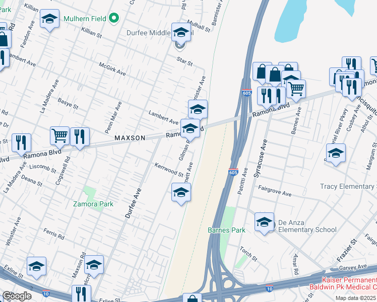 map of restaurants, bars, coffee shops, grocery stores, and more near 4159 Gilman Road in El Monte