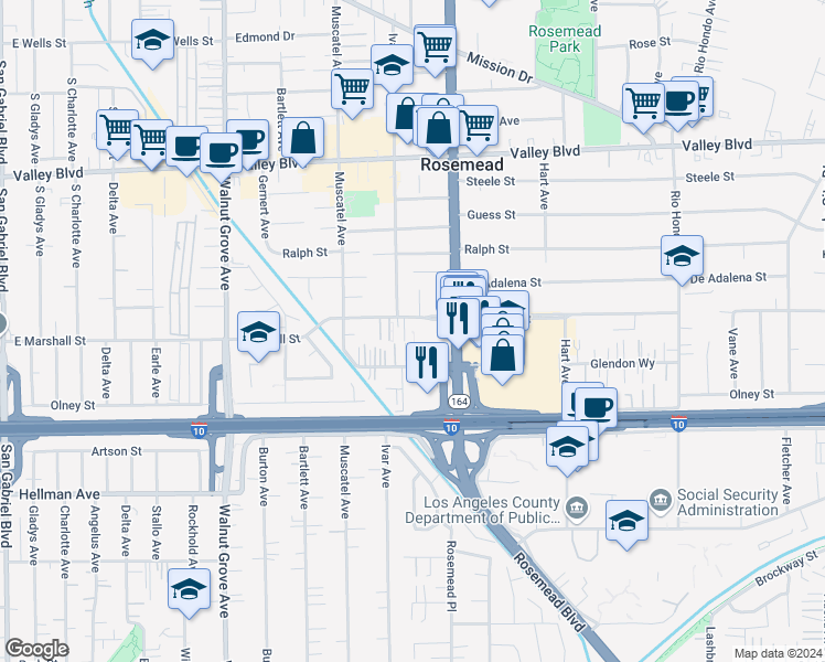 map of restaurants, bars, coffee shops, grocery stores, and more near 8858 Marshall Street in Rosemead