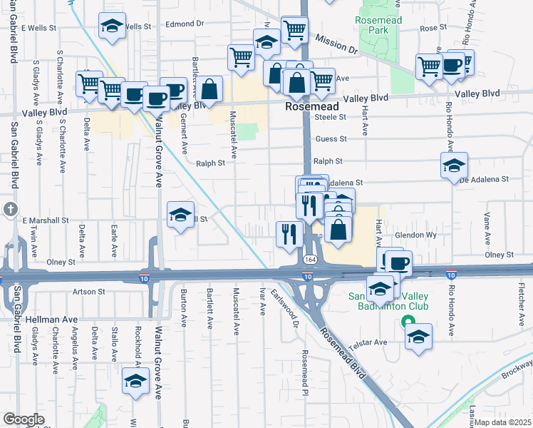 map of restaurants, bars, coffee shops, grocery stores, and more near 8858 Marshall Street in Rosemead
