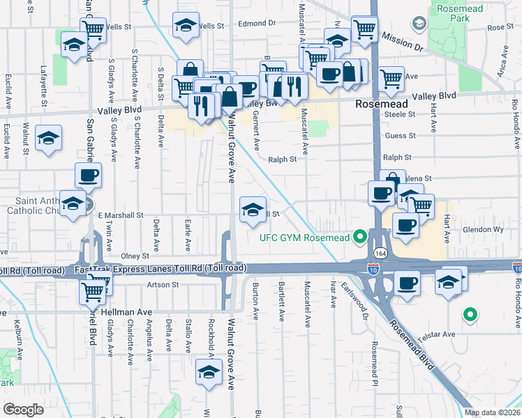 map of restaurants, bars, coffee shops, grocery stores, and more near 3719 Bartlett Avenue in Rosemead