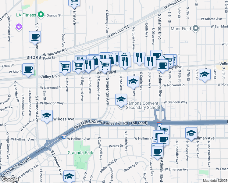 map of restaurants, bars, coffee shops, grocery stores, and more near 1516 South Marengo Avenue in Alhambra