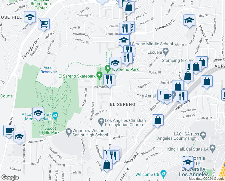 map of restaurants, bars, coffee shops, grocery stores, and more near 2471 North Eastern Avenue in Los Angeles