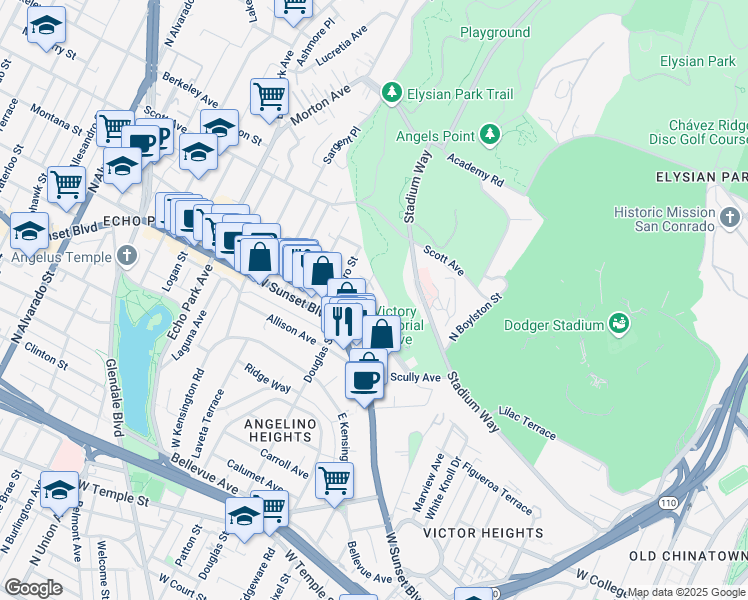 map of restaurants, bars, coffee shops, grocery stores, and more near 1347 Douglas Street in Los Angeles
