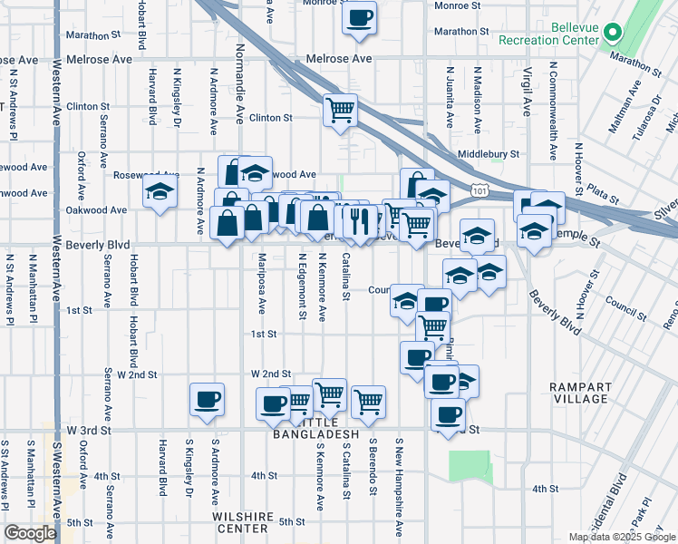 map of restaurants, bars, coffee shops, grocery stores, and more near 237 North Catalina Street in Los Angeles