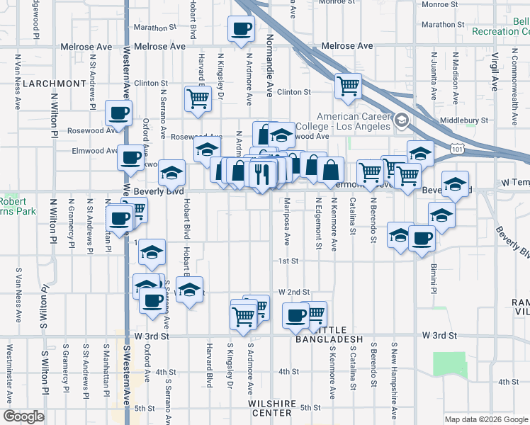 map of restaurants, bars, coffee shops, grocery stores, and more near 201 North Normandie Avenue in Los Angeles