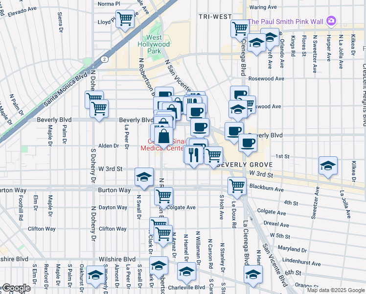 map of restaurants, bars, coffee shops, grocery stores, and more near 8723 Alden Drive in Los Angeles