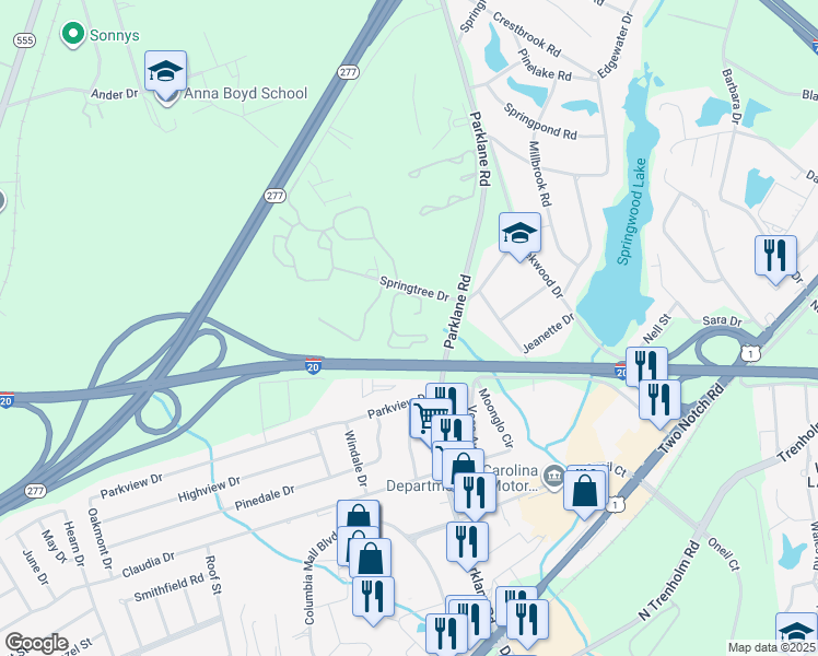 map of restaurants, bars, coffee shops, grocery stores, and more near 200 Springtree Road in Columbia