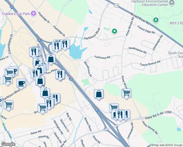 map of restaurants, bars, coffee shops, grocery stores, and more near 133 Manorwood Court in Columbia