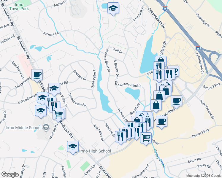 map of restaurants, bars, coffee shops, grocery stores, and more near 329 Hunters Blind Drive in Columbia