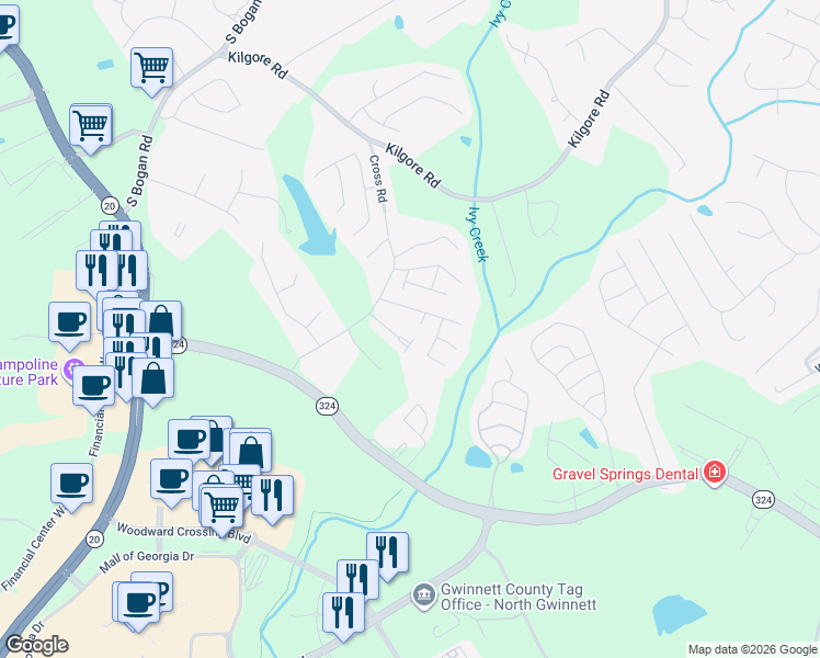 map of restaurants, bars, coffee shops, grocery stores, and more near 3208 Millgate Court Northeast in Buford