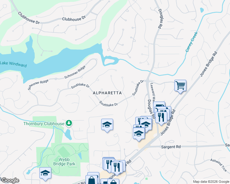 map of restaurants, bars, coffee shops, grocery stores, and more near 4250 Courageous Wake in Alpharetta