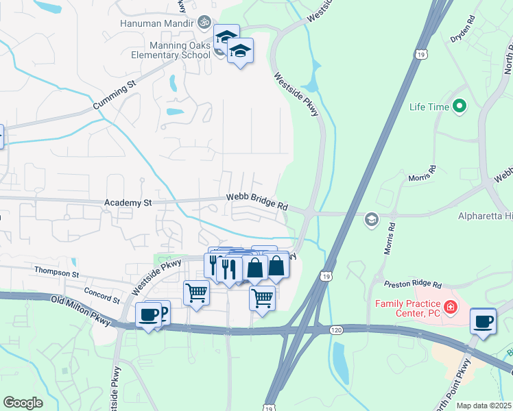 map of restaurants, bars, coffee shops, grocery stores, and more near 8106 Woodland Lane in Alpharetta