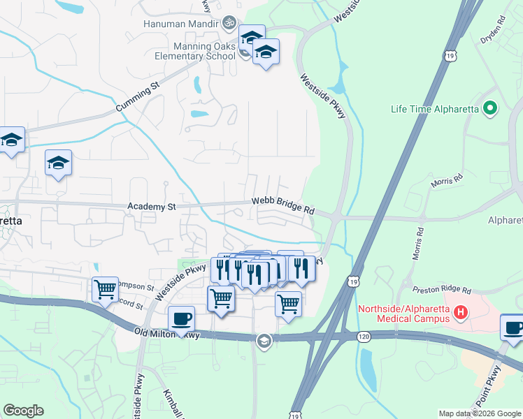 map of restaurants, bars, coffee shops, grocery stores, and more near 6020 Woodland Lane in Alpharetta