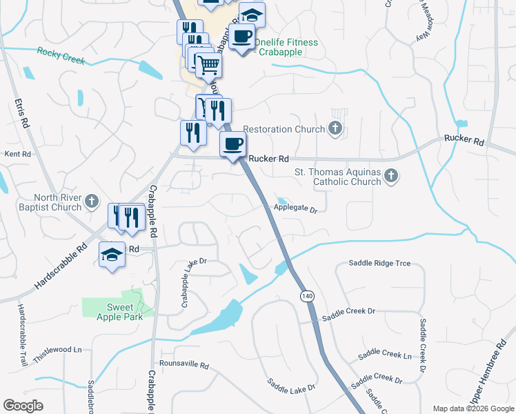 map of restaurants, bars, coffee shops, grocery stores, and more near 2105 Ashton Drive in Roswell