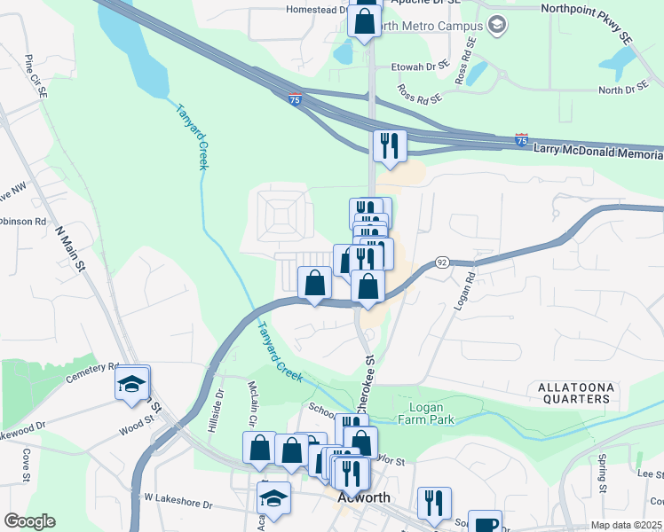 map of restaurants, bars, coffee shops, grocery stores, and more near 4114 Mars Bay in Acworth
