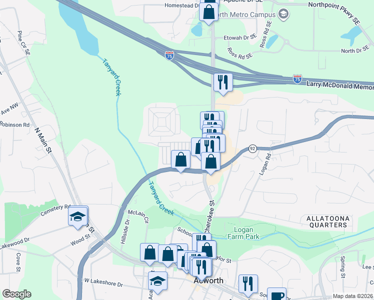 map of restaurants, bars, coffee shops, grocery stores, and more near 4206 Mastic Point in Acworth