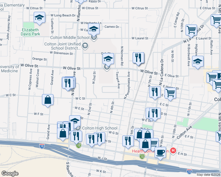 map of restaurants, bars, coffee shops, grocery stores, and more near 521 West Martin Avenue in Colton