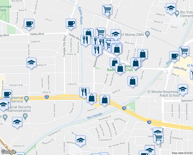 map of restaurants, bars, coffee shops, grocery stores, and more near 3640 Baldwin Avenue in El Monte
