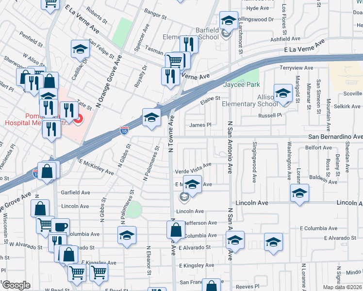 map of restaurants, bars, coffee shops, grocery stores, and more near 632 San Bernardino Avenue in Pomona