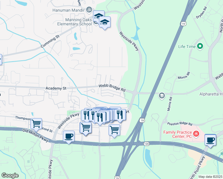 map of restaurants, bars, coffee shops, grocery stores, and more near 8106 Woodland Lane in Alpharetta