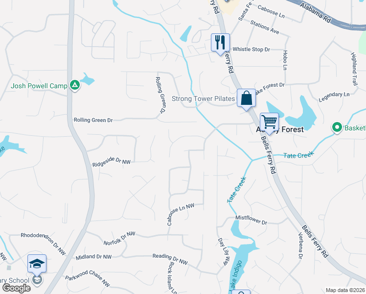 map of restaurants, bars, coffee shops, grocery stores, and more near 1023 Summer Place Northwest in Acworth