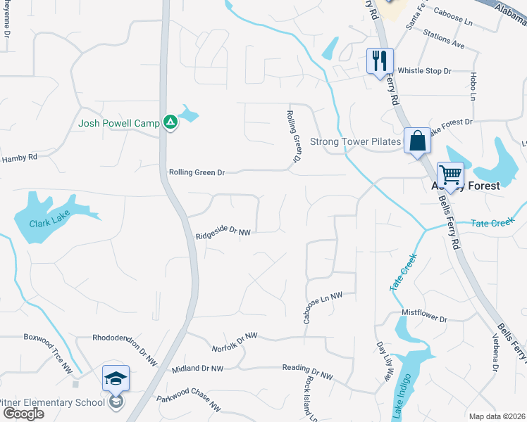 map of restaurants, bars, coffee shops, grocery stores, and more near 1176 Ridgeside Drive Northwest in Acworth