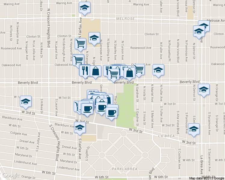 map of restaurants, bars, coffee shops, grocery stores, and more near 7660 Beverly Boulevard in Los Angeles