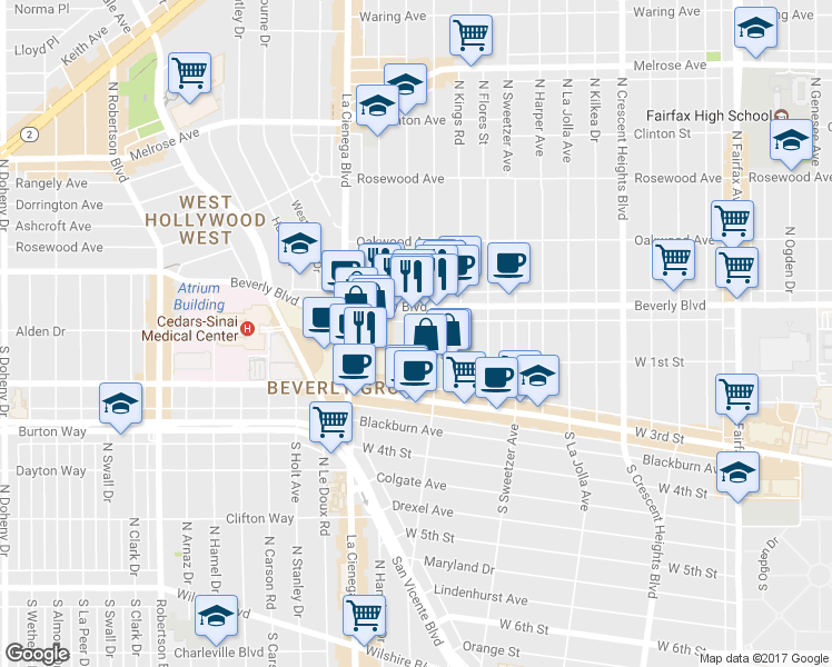 map of restaurants, bars, coffee shops, grocery stores, and more near 122 Croft Avenue in Los Angeles