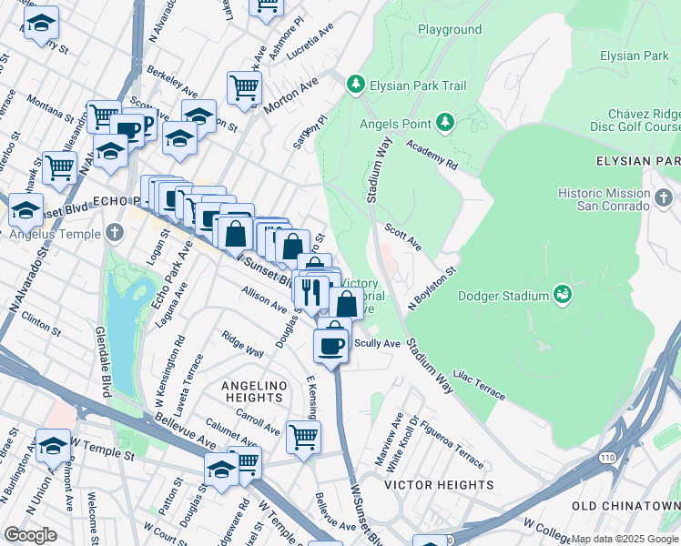 map of restaurants, bars, coffee shops, grocery stores, and more near 1347 Douglas Street in Los Angeles
