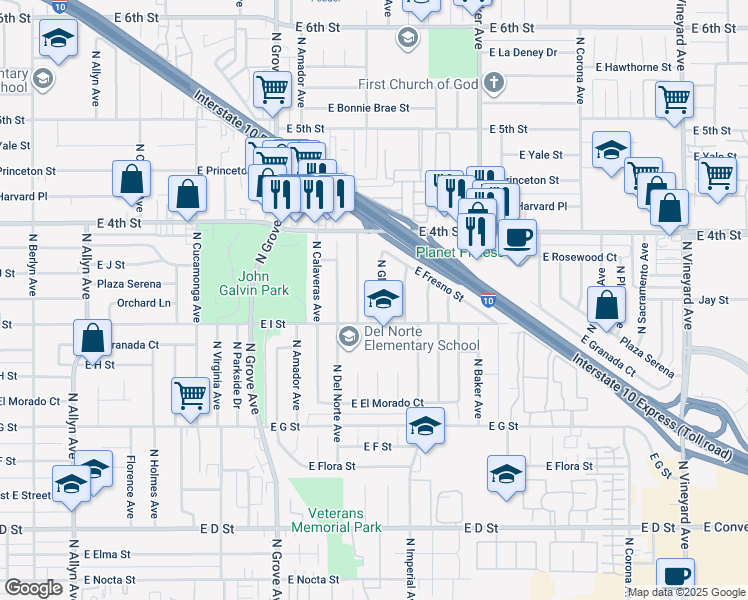 map of restaurants, bars, coffee shops, grocery stores, and more near 927 North Glenn Avenue in Ontario