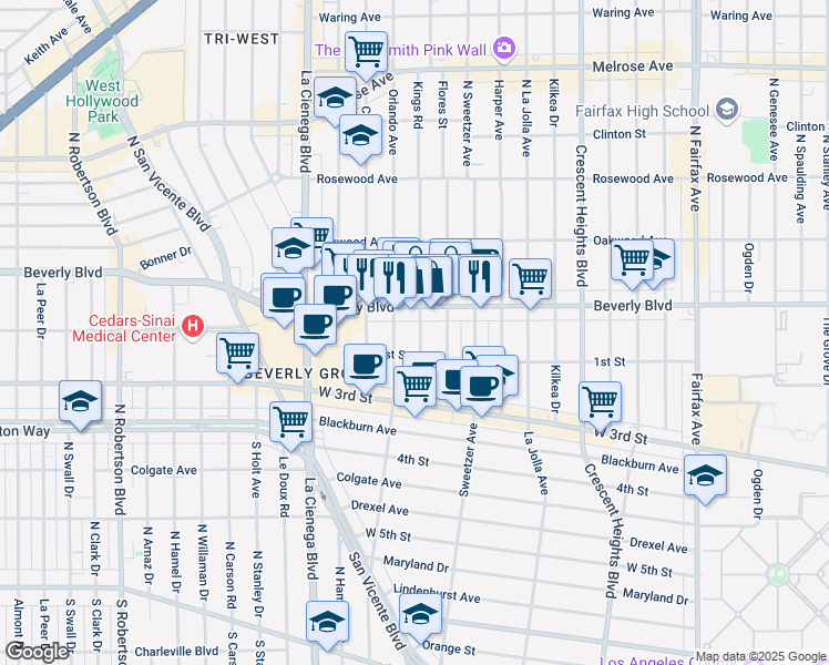 map of restaurants, bars, coffee shops, grocery stores, and more near 123 Kings Road in Los Angeles