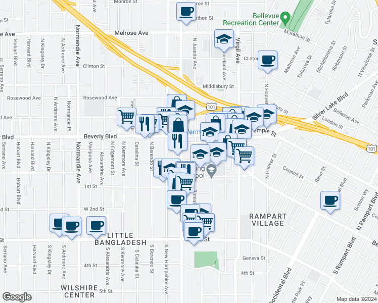map of restaurants, bars, coffee shops, grocery stores, and more near 200 North Vermont Avenue in Los Angeles