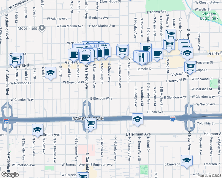 map of restaurants, bars, coffee shops, grocery stores, and more near 1616 South Chapel Avenue in Alhambra