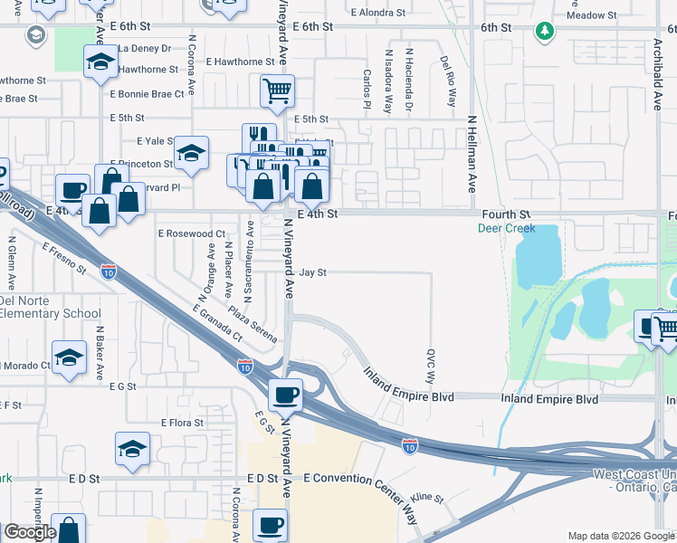 map of restaurants, bars, coffee shops, grocery stores, and more near East Jay Street in Ontario